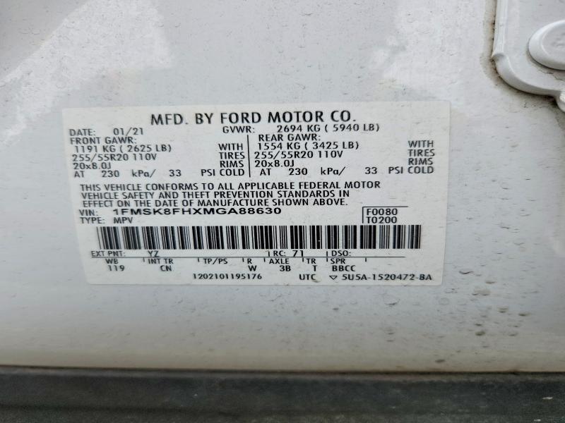 Aukcja sprzedaży 2021 Ford Explorer, vin: 1FMSK8FHXMGA88630, numer aukcji: 70087916