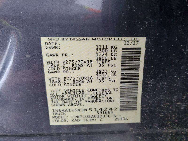 2018 Nissan Titan მანქანა იყიდება აუქციონზე, vin: 1N6AA1E5XJN514242, აუქციონის ნომერი: 67340296