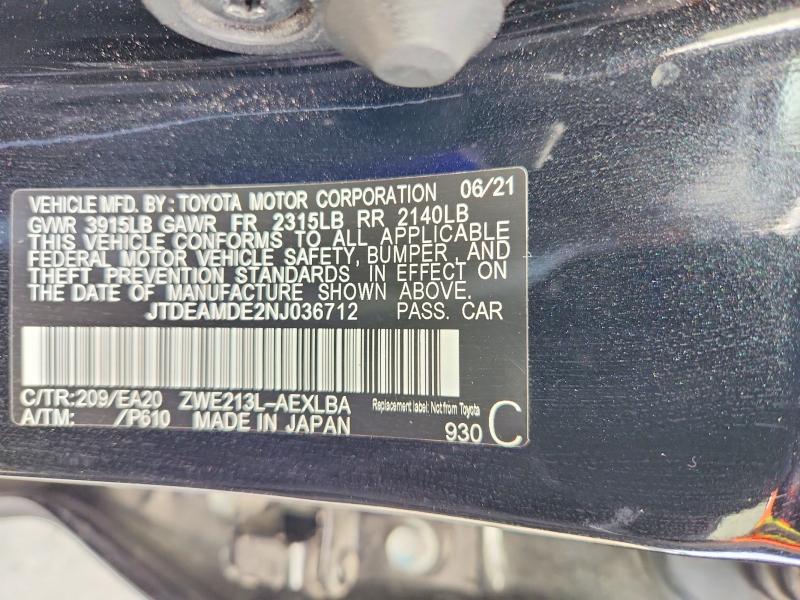 2022 Toyota Corolla მანქანა იყიდება აუქციონზე, vin: JTDEAMDE2NJ036712, აუქციონის ნომერი: 69997796