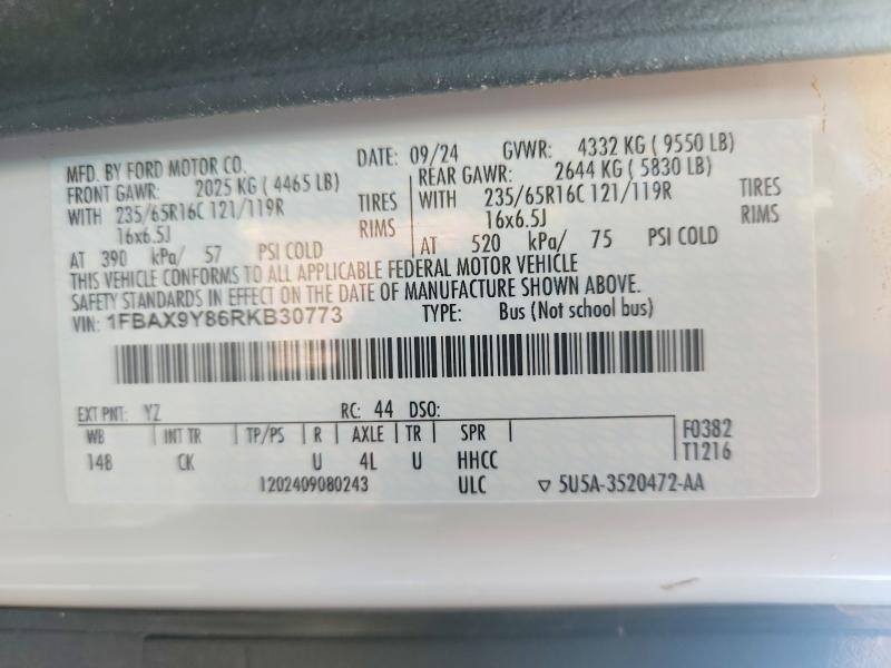67807666 :رقم المزاد ، 1FBAX9Y86RKB30773 vin ، 2024 Ford Transit مزاد بيع