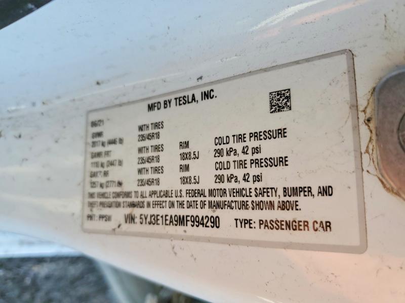 Продаж на аукціоні авто 2021 Tesla Model 3, vin: 5YJ3E1EA9MF994290, номер лоту: 67754966