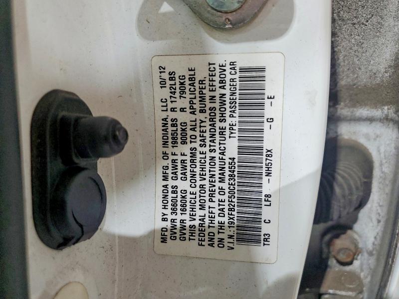2012 Honda Civic მანქანა იყიდება აუქციონზე, vin: 19XFB2F50CE384554, აუქციონის ნომერი: 67702266