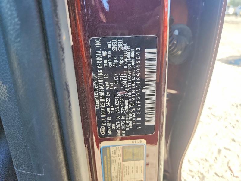 69363136 :رقم المزاد ، 5XYPGDA51GG045643 vin ، 2016 Kia Sorento مزاد بيع