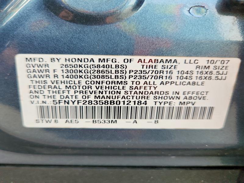 2008 Honda Pilot მანქანა იყიდება აუქციონზე, vin: 5FNYF28358B012184, აუქციონის ნომერი: 70697556