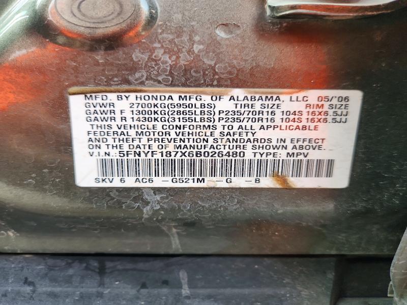 Aukcja sprzedaży 2006 Honda Pilot, vin: 5FNYF187X6B026480, numer aukcji: 68463726