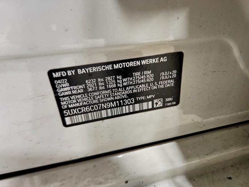 2022 Bmw X5 მანქანა იყიდება აუქციონზე, vin: 5UXCR6C07N9M11303, აუქციონის ნომერი: 69003726