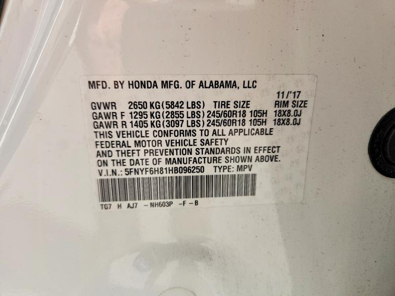 Aukcja sprzedaży 2017 Honda Pilot, vin: 5FNYF6H81HB096250, numer aukcji: 71260086