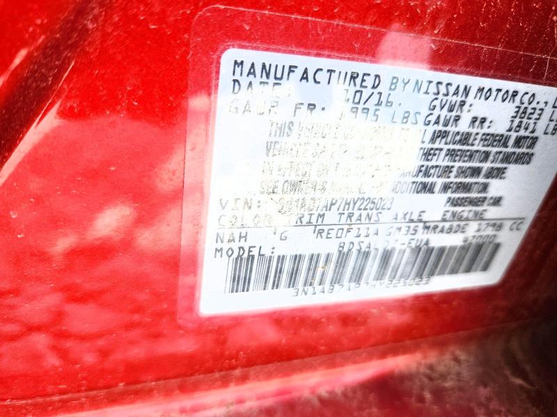 2017 Nissan Sentra მანქანა იყიდება აუქციონზე, vin: 3N1AB7AP7HY225023, აუქციონის ნომერი: 70044746