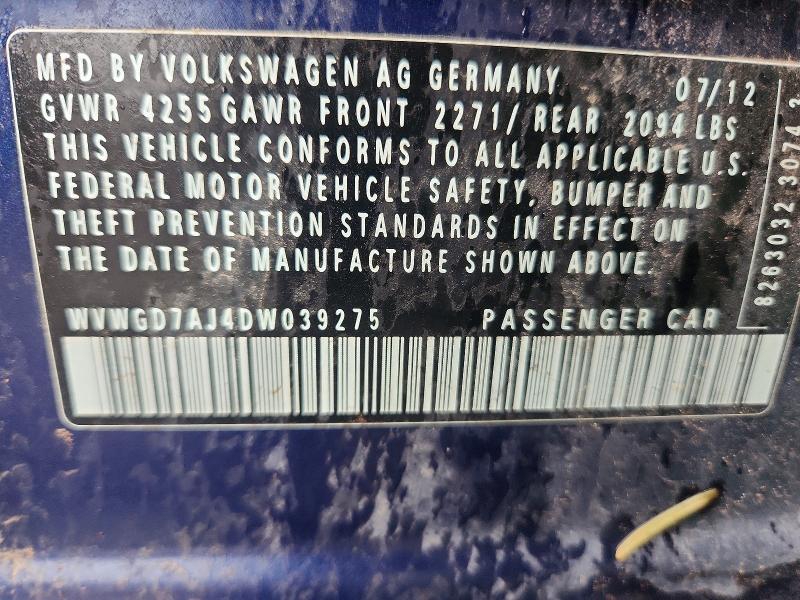 70068726 :رقم المزاد ، WVWGD7AJ4DW039275 vin ، 2013 Volkswagen Gti مزاد بيع