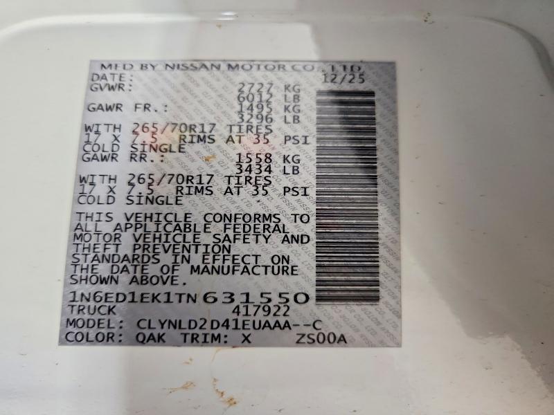 2026 Nissan Frontier მანქანა იყიდება აუქციონზე, vin: 1N6ED1EK1TN631550, აუქციონის ნომერი: 69388526