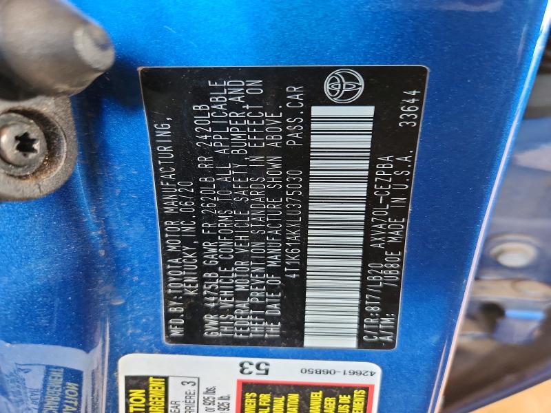 2020 Toyota Camry მანქანა იყიდება აუქციონზე, vin: 4T1K61AKXLU375030, აუქციონის ნომერი: 67458376