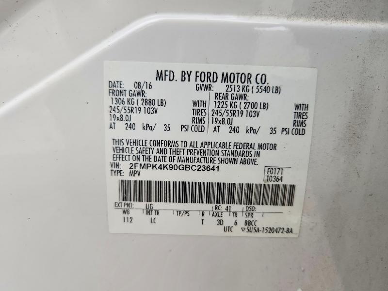 69488446 :رقم المزاد ، 2FMPK4K90GBC23641 vin ، 2016 Ford Edge مزاد بيع