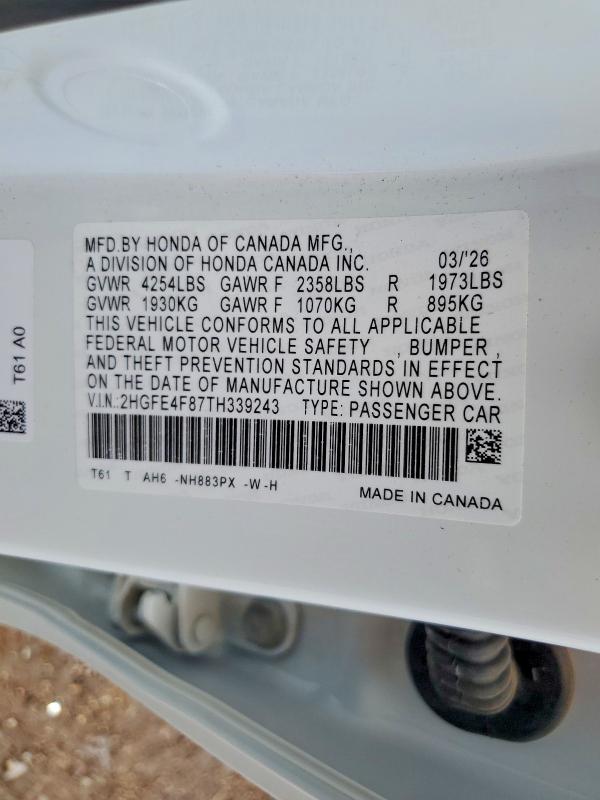 2026 Honda Civic მანქანა იყიდება აუქციონზე, vin: 2HGFE4F87TH339243, აუქციონის ნომერი: 70117026