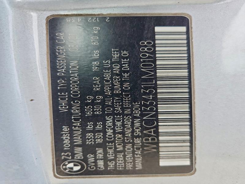 70239626 :رقم المزاد ، WBACN33431LM01988 vin ، 2001 Bmw Z3 مزاد بيع