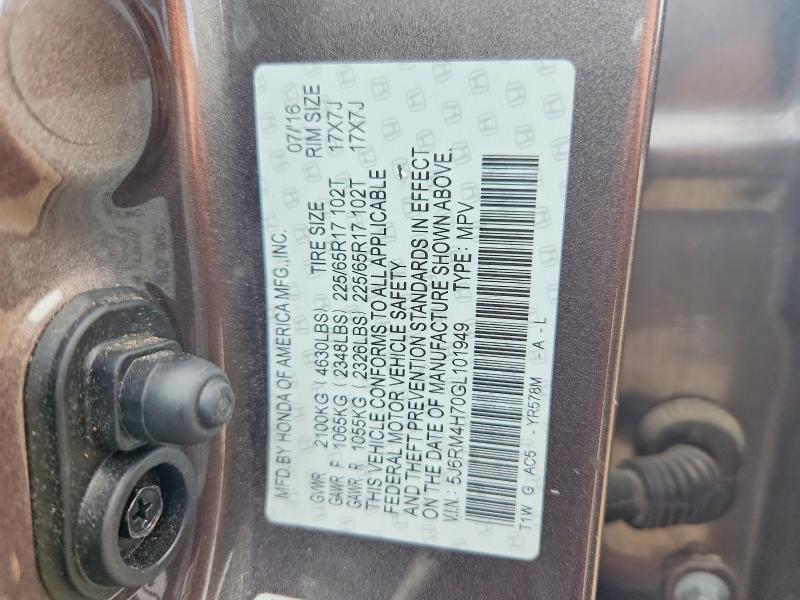 66107906 :رقم المزاد ، 5J6RM4H70GL101949 vin ، 2016 Honda Cr-v مزاد بيع