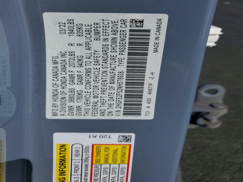 Продажа на аукционе авто 2022 Honda Civic, vin: 2HGFE2F52NH578938, номер лота: 67753866