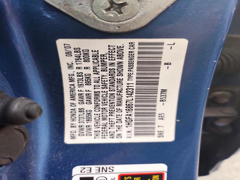70312626 :رقم المزاد ، 1HGFA16867L142311 vin ، 2007 Honda Civic مزاد بيع