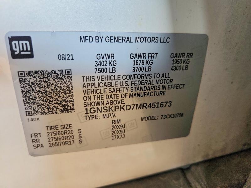 Продажа на аукционе авто 2021 Chevrolet Tahoe, vin: 1GNSKPKD7MR451673, номер лота: 68763496