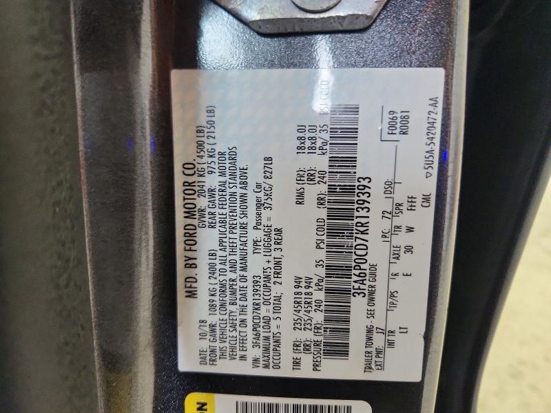 68603906 :رقم المزاد ، 3FA6P0CD7KR139393 vin ، 2019 Ford Fusion مزاد بيع