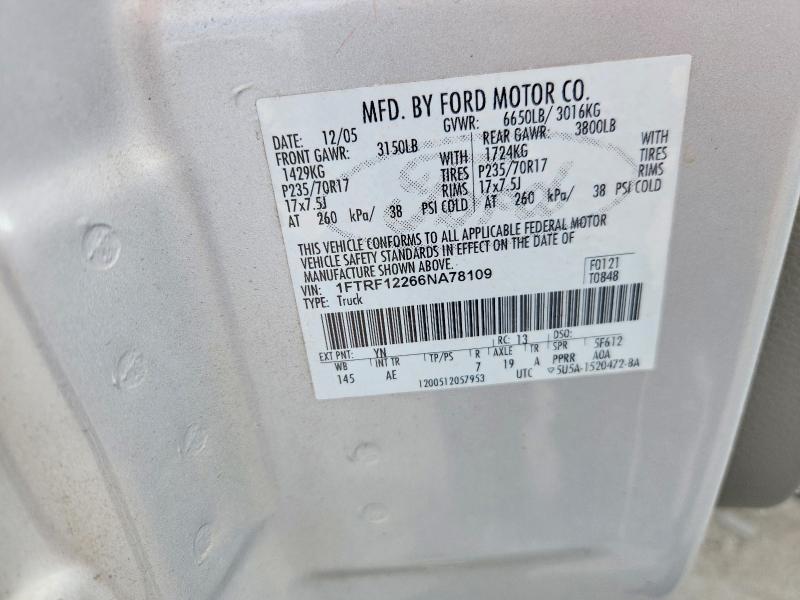 2006 Ford F150 მანქანა იყიდება აუქციონზე, vin: 1FTRF12266NA78109, აუქციონის ნომერი: 69597126