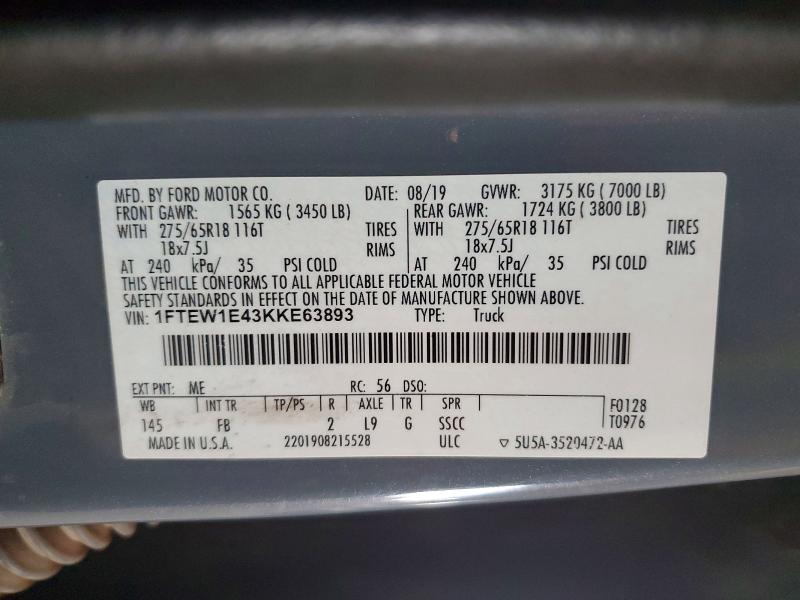 2019 Ford F150 მანქანა იყიდება აუქციონზე, vin: 1FTEW1E43KKE63893, აუქციონის ნომერი: 68402896