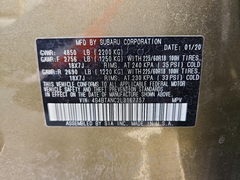 Aukcja sprzedaży 2020 Subaru Outback, vin: 4S4BTANC2L3167757, numer aukcji: 69006526
