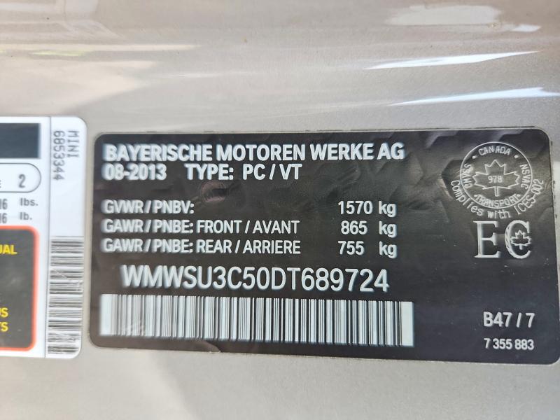 2013 Mini Cooper მანქანა იყიდება აუქციონზე, vin: WMWSU3C50DT689724, აუქციონის ნომერი: 65833436