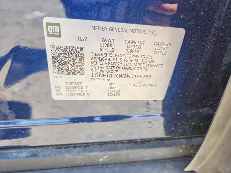 68871816 :رقم المزاد ، 1GNERFKW2NJ159756 vin ، 2022 Chevrolet Traverse مزاد بيع
