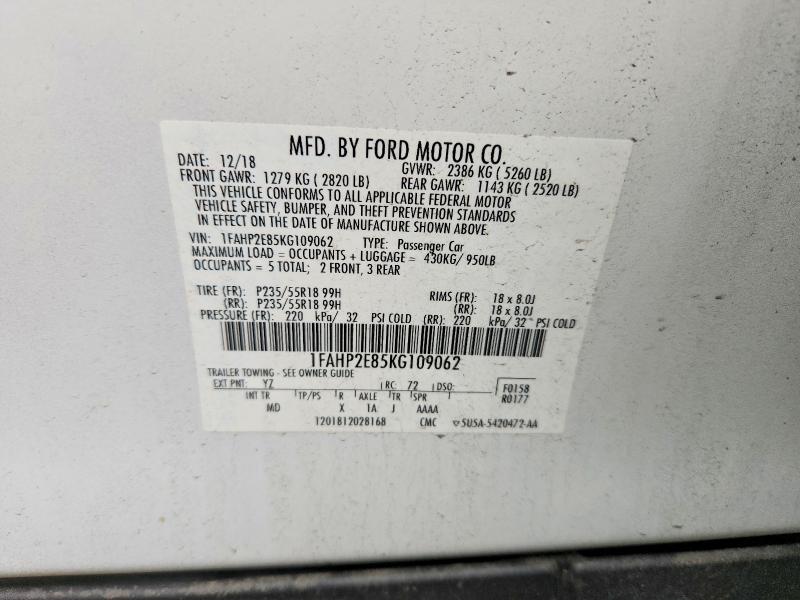 69416446 :رقم المزاد ، 1FAHP2E85KG109062 vin ، 2019 Ford Taurus مزاد بيع