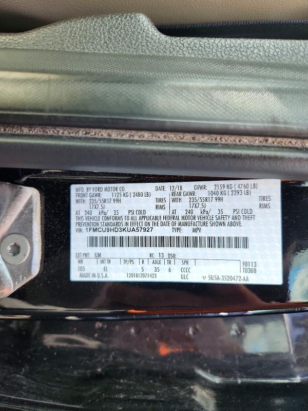Aukcja sprzedaży 2019 Ford Escape, vin: 1FMCU9HD3KUA57927, numer aukcji: 69357546