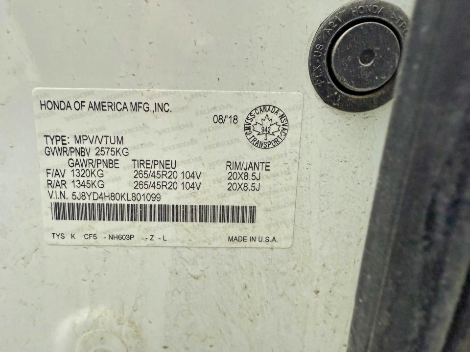 Auction sale of the 2019 Acura Mdx, vin: 5J8YD4H80KL801099, lot number: 61165726