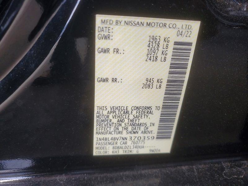Aukcja sprzedaży 2022 Nissan Altima, vin: 1N4BL4BV7NN370359, numer aukcji: 67042076