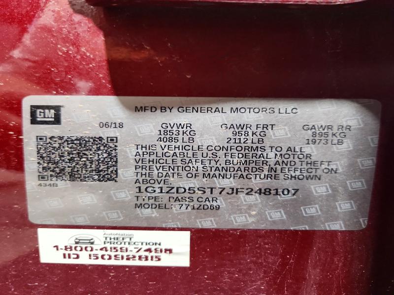 69172786 :رقم المزاد ، 1G1ZD5ST7JF248107 vin ، 2018 Chevrolet Malibu مزاد بيع