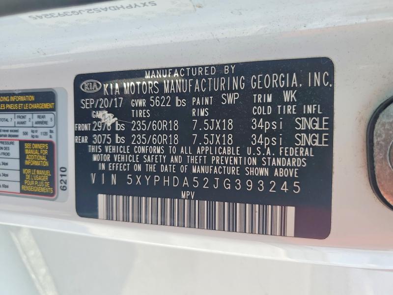 68596506 :رقم المزاد ، 5XYPHDA52JG393245 vin ، 2018 Kia Sorento مزاد بيع