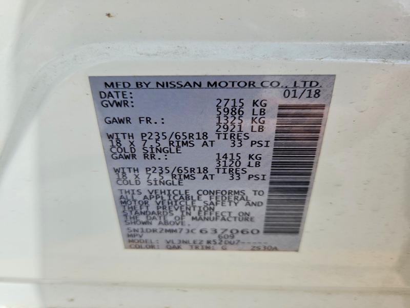 2018 Nissan Pathfinder მანქანა იყიდება აუქციონზე, vin: 5N1DR2MM7JC637060, აუქციონის ნომერი: 70235276