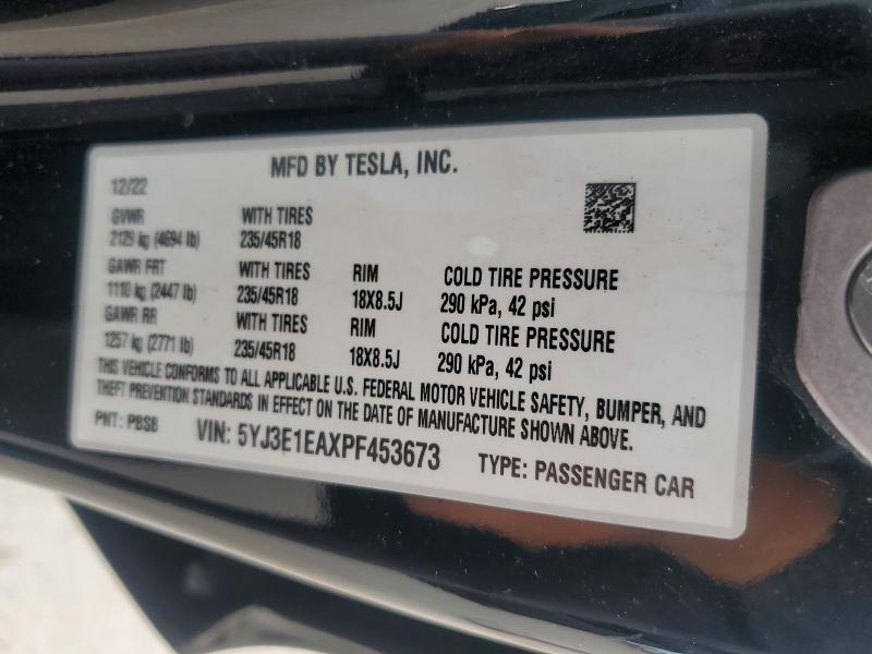 2023 Tesla Model 3 მანქანა იყიდება აუქციონზე, vin: 5YJ3E1EAXPF453673, აუქციონის ნომერი: 69875956