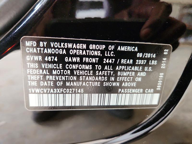 2015 Volkswagen Passat მანქანა იყიდება აუქციონზე, vin: 1VWCV7A3XFC027145, აუქციონის ნომერი: 67655356