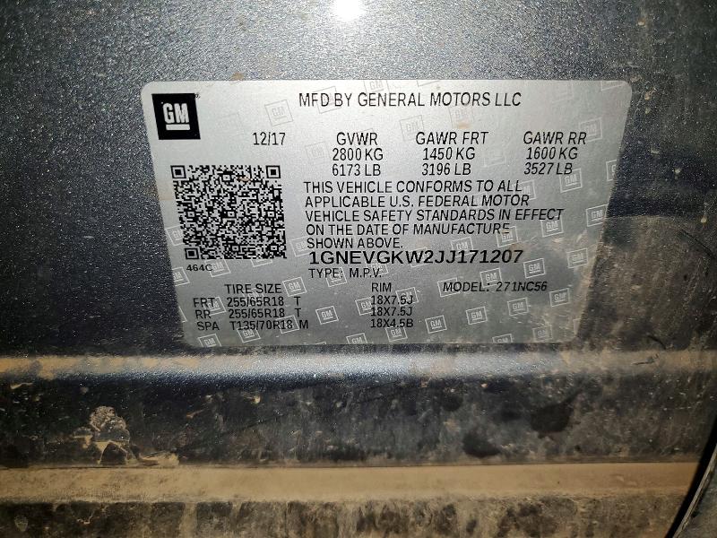 Aukcja sprzedaży 2018 Chevrolet Traverse, vin: 1GNEVGKW2JJ171207, numer aukcji: 67162026