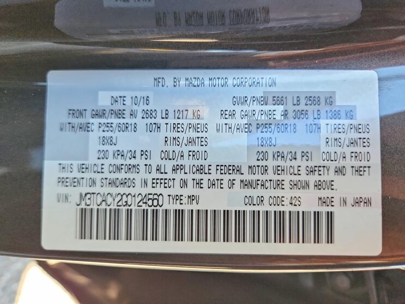2016 Mazda Cx-9 მანქანა იყიდება აუქციონზე, vin: JM3TCACY2G0124560, აუქციონის ნომერი: 67256326