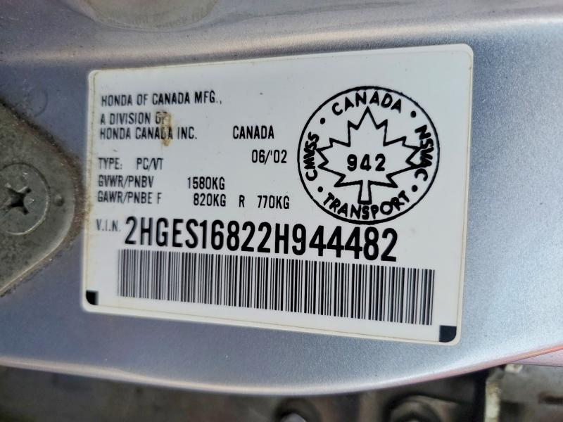 69577556 :رقم المزاد ، 2HGES16822H944482 vin ، 2002 Honda Civic مزاد بيع