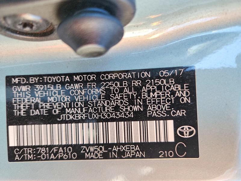 Продаж на аукціоні авто 2017 Toyota Prius, vin: JTDKBRFUXH3043434, номер лоту: 70090056