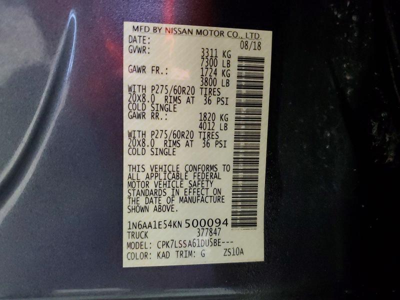 2019 Nissan Titan მანქანა იყიდება აუქციონზე, vin: 1N6AA1E54KN500094, აუქციონის ნომერი: 68350646