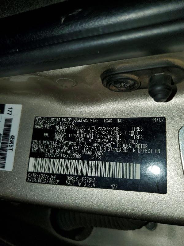2008 Toyota Tundra მანქანა იყიდება აუქციონზე, vin: 5TFDV54118X038309, აუქციონის ნომერი: 68351966