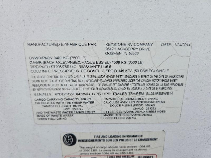 Продажа на аукционе авто 2014 Keystone Bullet, vin: 4YDT25122EX423503, номер лота: 67978816
