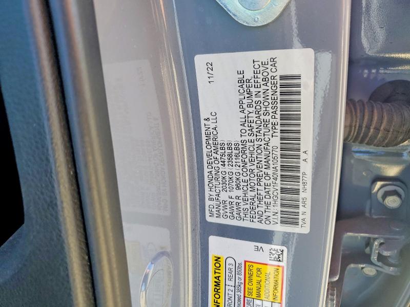68649406 :رقم المزاد ، 1HGCV1F40NA105770 vin ، 2022 Honda Accord مزاد بيع