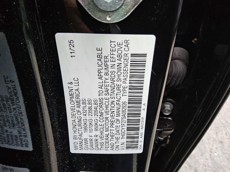 2025 Honda Accord მანქანა იყიდება აუქციონზე, vin: 1HGCY1F27SA082926, აუქციონის ნომერი: 70138876