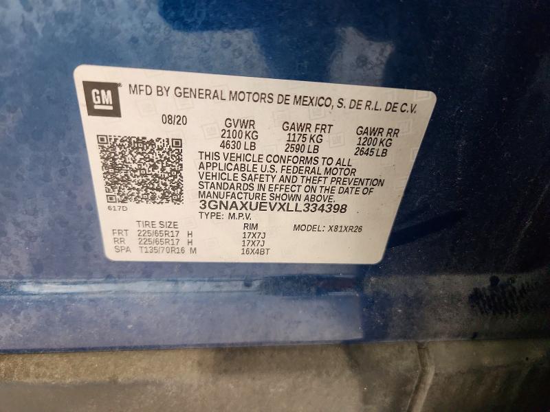 Aukcja sprzedaży 2020 Chevrolet Equinox, vin: 3GNAXUEVXLL334398, numer aukcji: 69308356