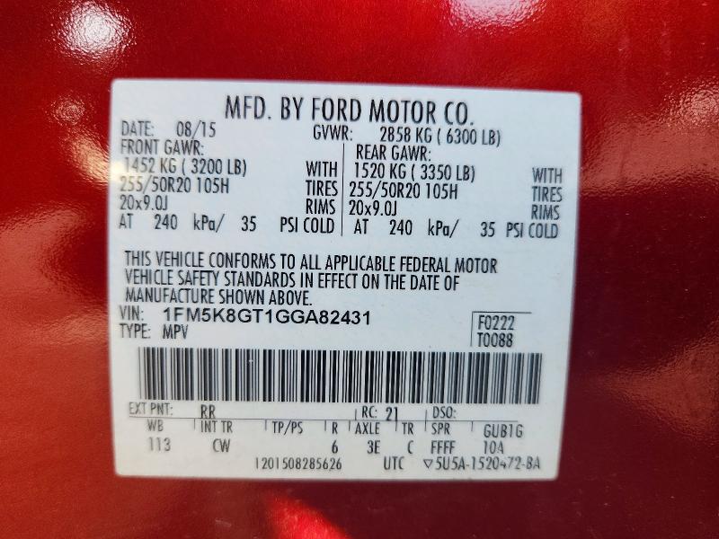 2016 Ford Explorer მანქანა იყიდება აუქციონზე, vin: 1FM5K8GT1GGA82431, აუქციონის ნომერი: 68829346