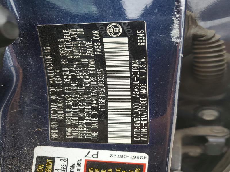 2014 Toyota Camry მანქანა იყიდება აუქციონზე, vin: 4T1BF1FK5EU833925, აუქციონის ნომერი: 70184976