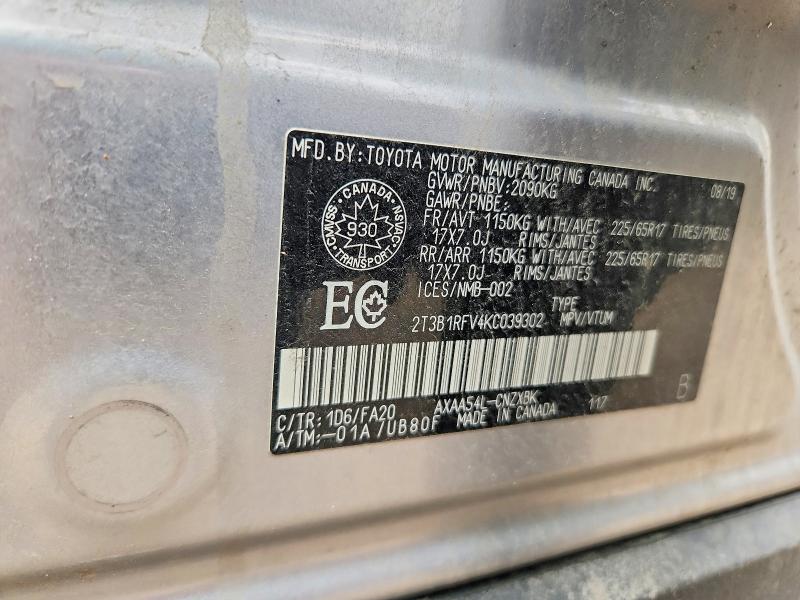 2019 Toyota Rav4 მანქანა იყიდება აუქციონზე, vin: 2T3B1RFV4KC039302, აუქციონის ნომერი: 67460636